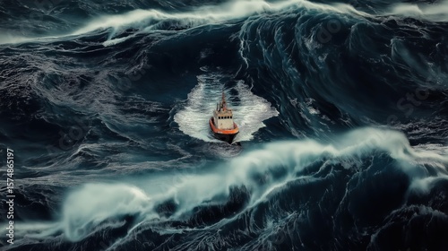 Small ship in massive waves under dark cinematic sky, hyper-realistic phone wallpaper.