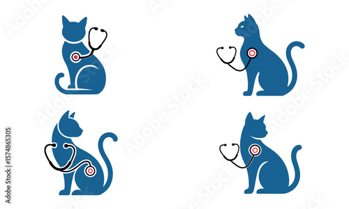Cat icons with stethoscope representing veterinary care and animal health checkup concept
