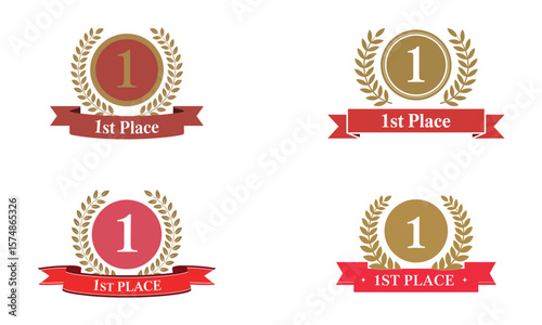First place badges with golden laurel and red ribbon representing top winner award icon
