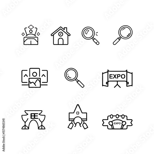 Vector Icons Representing Diverse Event and Technology Concepts A set of nine simple, black line icons representing various event and technology concepts.