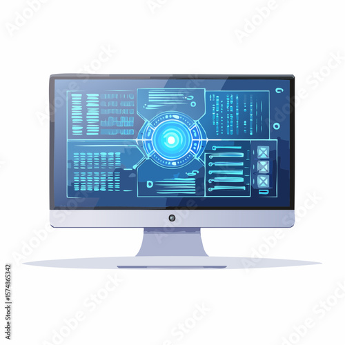 Modern computer monitor displaying a complex futuristic interface with glowing blue elements