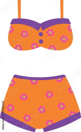 Plus size women swimsuit. Orange open swimsuit with floral pattern in retro style. Female swimming trunks shorts and top. Isolated vector illustration on transparent background.