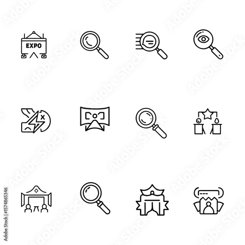 Vector Icons Representing Diverse Event and Technology Concepts A set of nine simple, black line icons representing various event and technology concepts.