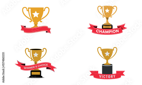 Gold trophy icons with red ribbons representing winner achievement and championship success
