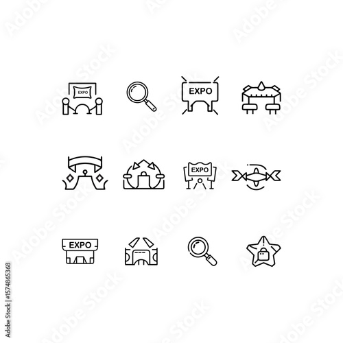 Vector Icons Representing Diverse Event and Technology Concepts A set of nine simple, black line icons representing various event and technology concepts.