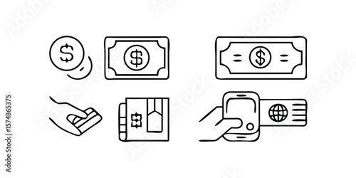 Comprehensive Set of Payment and Financial Transaction Line Icons for User Interface Design on transparent background comprehensive set line icons representing various payment methods financial