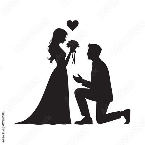 A romantic silhouette of a man kneeling and proposing to a woman with a bouquet of flowers and a heart above them