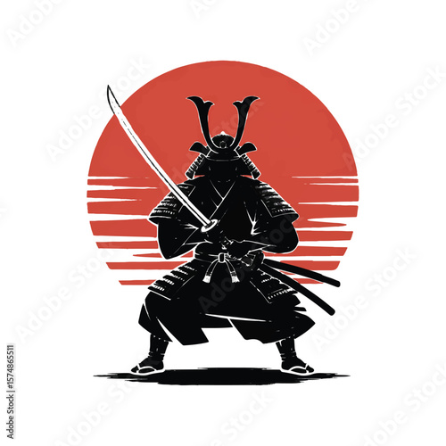 A powerful silhouette of a samurai warrior in full armor holding a katana sword against a red sun