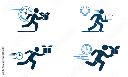 Fast delivery service icons showing courier running with box and time urgency concept
