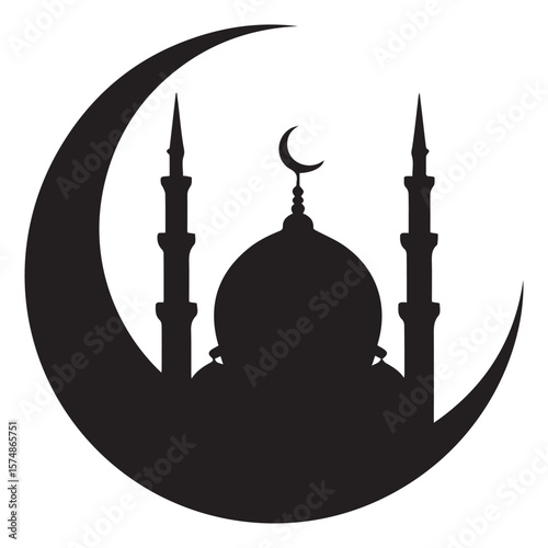 A silhouette of a mosque with two minarets and a dome, framed by a crescent moon
