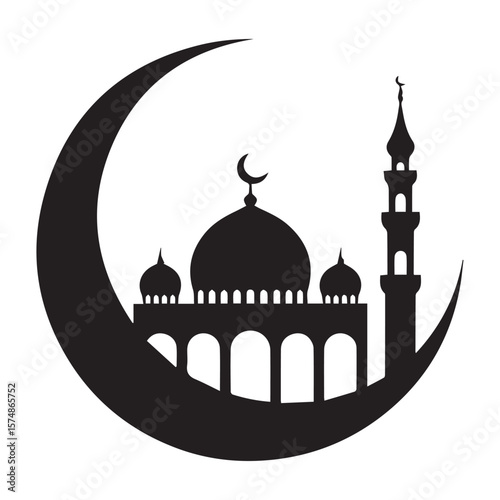 A silhouette of a mosque with domes and minarets set against a large crescent moon