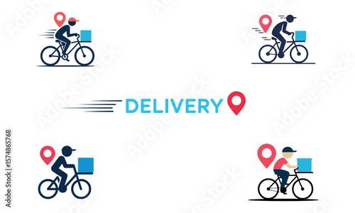 Bicycle delivery service icons with navigation pin representing fast courier and logistics
