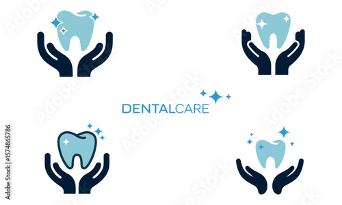 Dental care icons with hands holding healthy tooth symbolizing protection and oral hygiene
