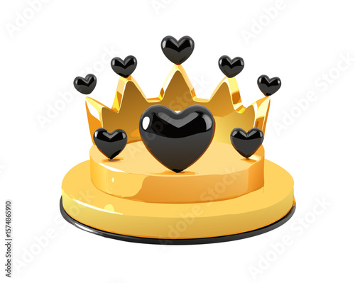 Isolated 3D Illustration of Shiny Gold Crown and Black Hearts on Podium