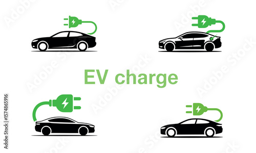 Electric car charging icons with green power plug and eco friendly vehicle energy concept
