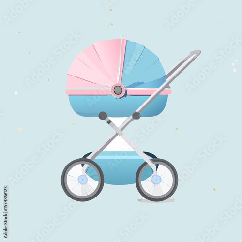 Pastelcolored Baby Stroller with Pink and Blue Canopy Vector Illustration