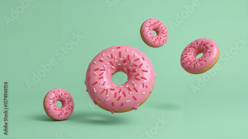 Pink frosted donuts floating on green background