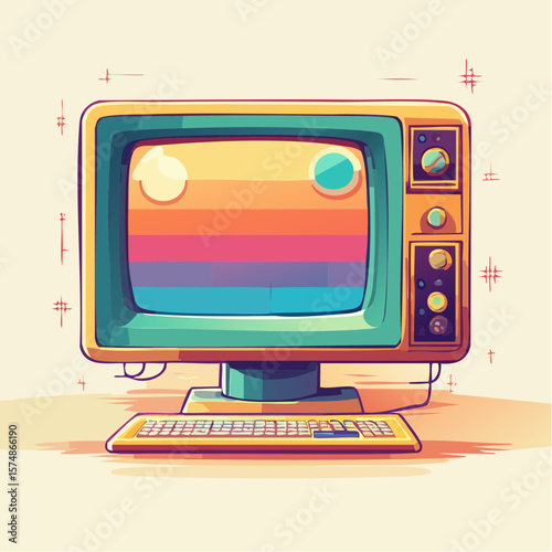 Retro Computer with Colorful Display and Keyboard