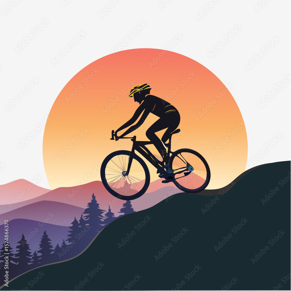 Obraz premium Silhouette Cyclist Ascending a Hill Against a Sunset Backdrop