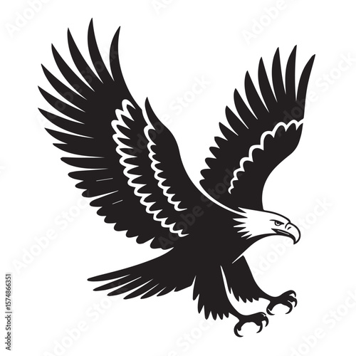 A majestic eagle in flight, with wings spread wide, isolated on white background