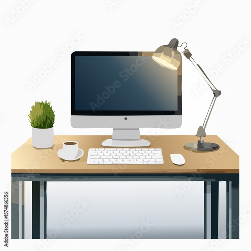 Simple Workspace with Computer Lamp and Accessories