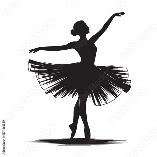 Silhouette of a ballerina in a flowing tutu performing an elegant pose, isolated on white background