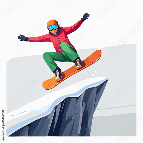 Snowboarder executing a jump over a snowy cliff with vibrant colors