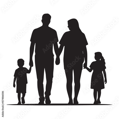 A family of four, parents and two children, walk handinhand, isolated on white background