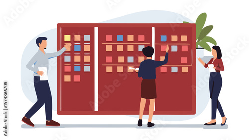 Team members collaborating on a kanban board with sticky notes in an office environment setting
