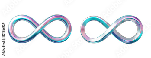 Holographic infinity loop PNG. 3D chrome metallic Mobius strip symbolizing eternity, connection, and unity. Glossy chrome finish with elegant abstract design.