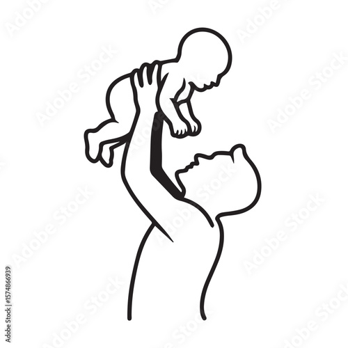 A joyful father lifts his baby high in the air, celebrating a precious moment together