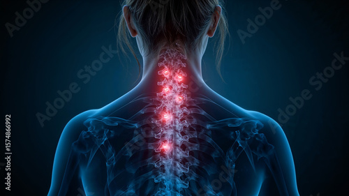 Woman experiencing cervical spine pain highlighted in red