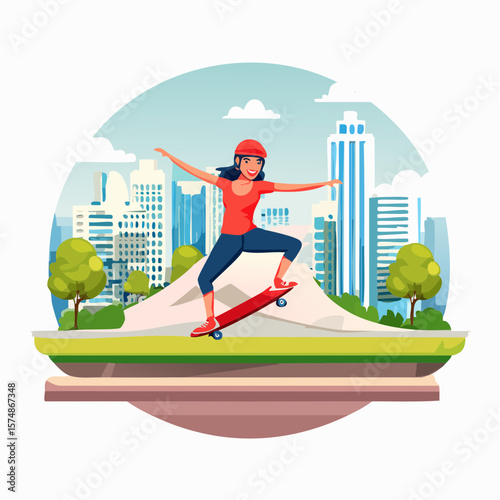 Young Woman Skateboarding in City Park Dynamic Pose