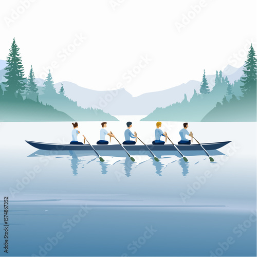Winter Scenery with a Rowing Team Effortlessly Paddling