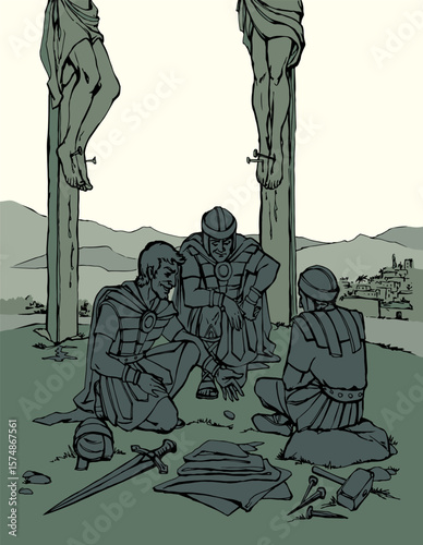 Vector drawing. Soldiers at the cross.