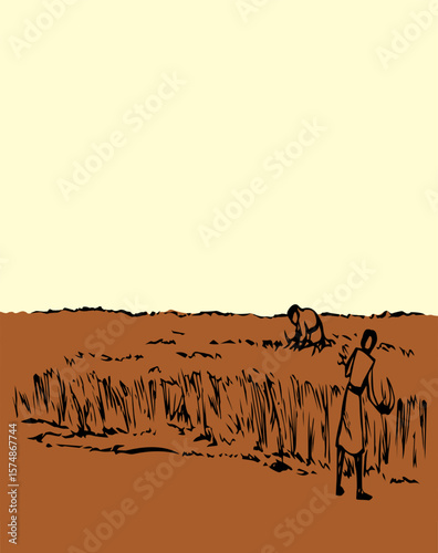 Vector drawing. Reapers in the field