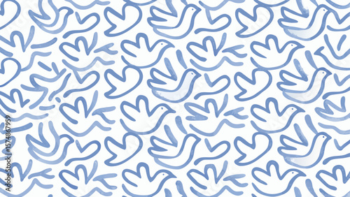 Watercolor pattern featuring stylized birds and leaf shapes in a repeating design on white background