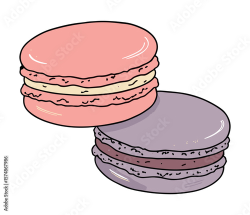 Delicious macarons in pink and purple colors with a glossy finish