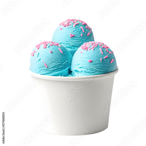 Delicious blue raspberry ice cream scoops with pink sprinkles, transparent background