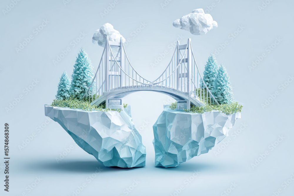 Fototapeta premium A stunning 3D artwork displays a bridge connecting two floating ice formations, surrounded by trees and clouds