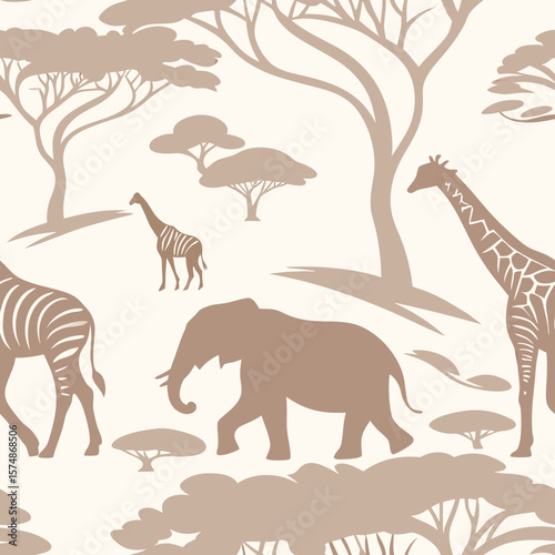 Elegant seamless pattern featuring safari animals like giraffes, elephants, and zebras against a savanna backdrop. Great for nursery decor, textiles, and travel-themed products.