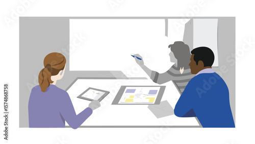 People collaborating around a table with tablets and a whiteboard in a meeting room setting
