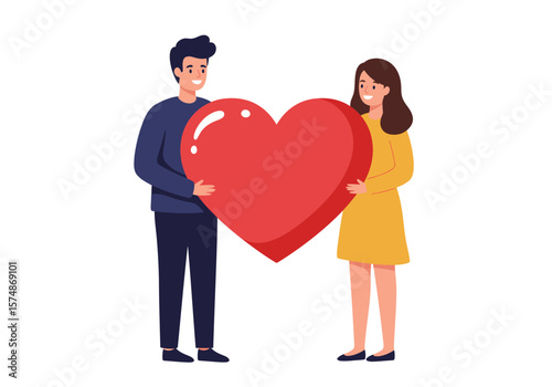 Cartoon Couple Holding a Large Red Heart Shape Together Smiling.