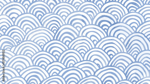 Watercolor pattern of layered blue arches creating a wave like texture and design element with a soft feel