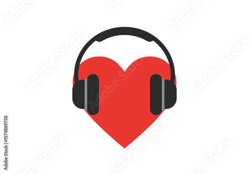 Red Heart with Black Headphones Music and Love Concept Illustration.