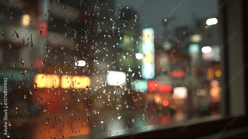 Obraz premium Rainy Night Cityscape Viewed Through a Window with Raindrops