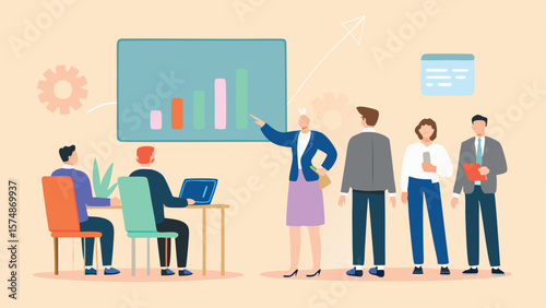 Group of people attending a business presentation with a chart and an upward trending arrow shown 100