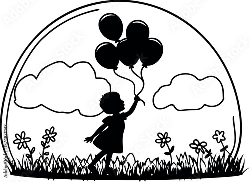 Playful Kid with Balloons Against Soft Gradient Sky Background