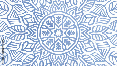 Light blue floral mandala with leaf patterns and circular symmetry on a white background design art