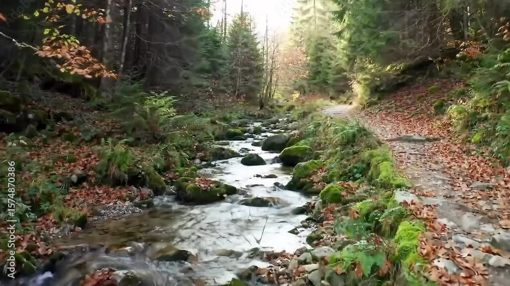 A scenic view of a flowing river through a forest with fallen leaves and a hiking trail nearby A scenic view of a flowing river through a forest with fallen leaves and a hiking trail nearby